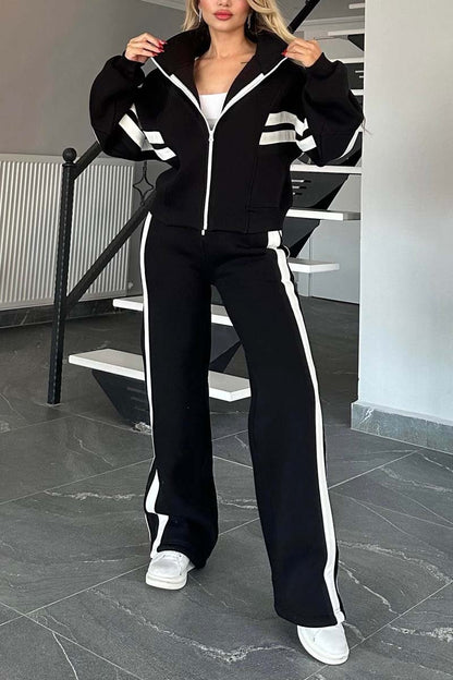 Women's Casual Contrast Web Sports Suit Black