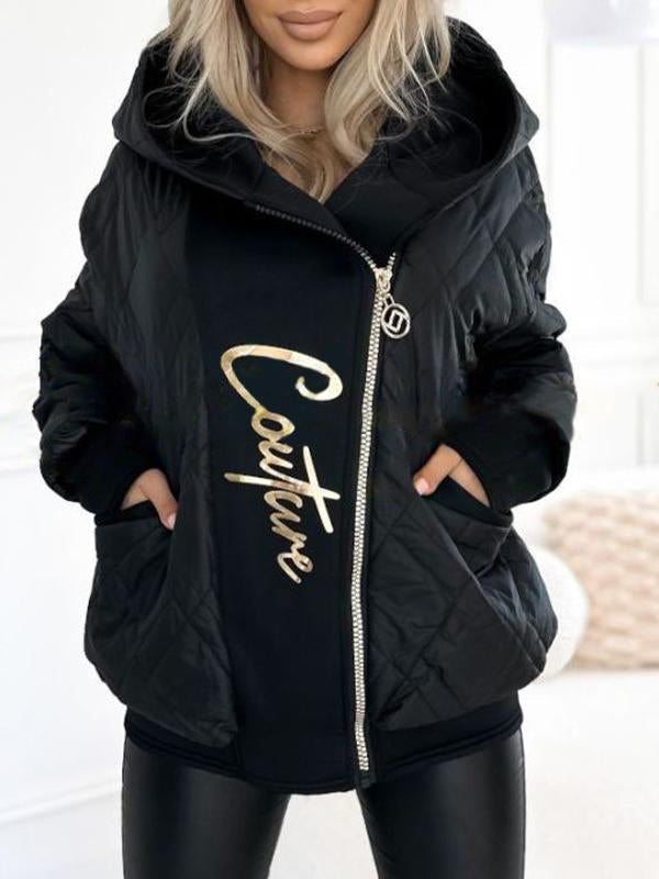 Women's Hooded Zipper Stitching Contrast Color Letter Print Casual Cotton Coat black