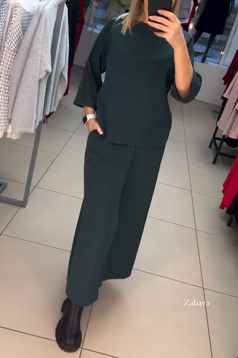 Women's Casual Round Neck Solid Color Two Piece Suit