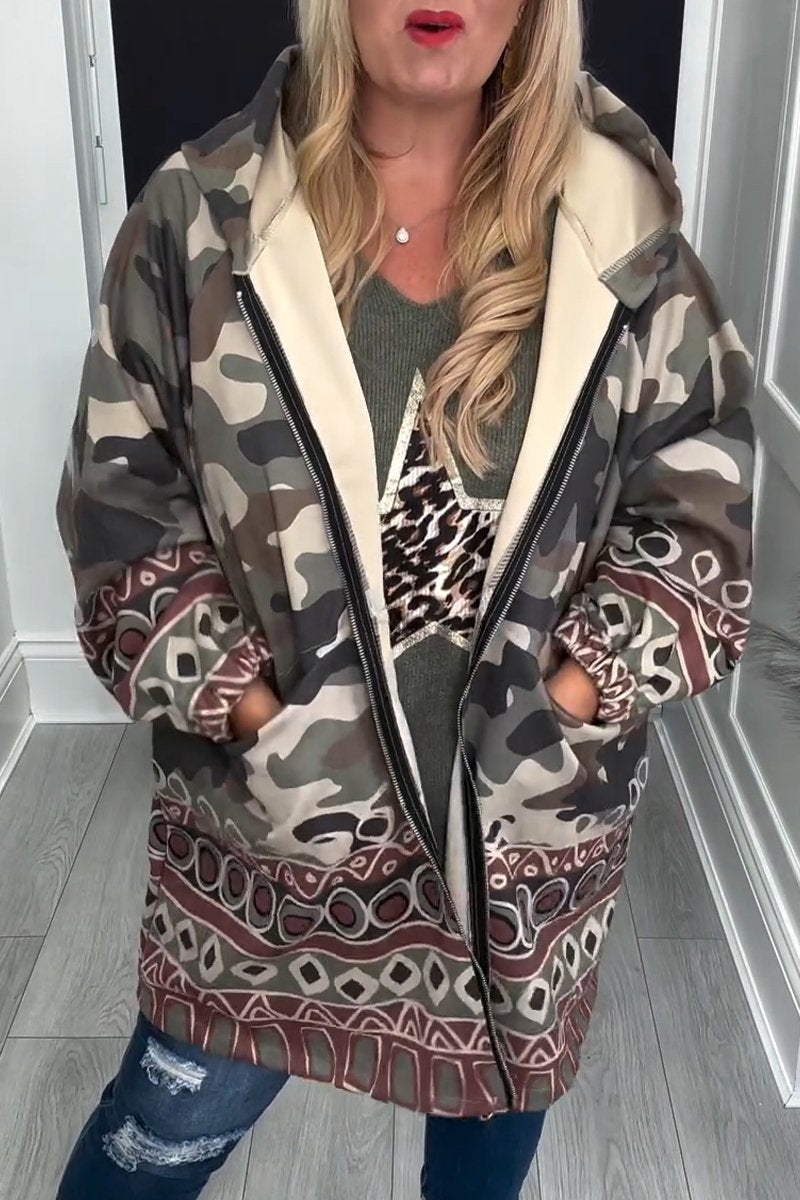 Women's Hooded Long Sleeve Camouflage Printed Casual Jacket