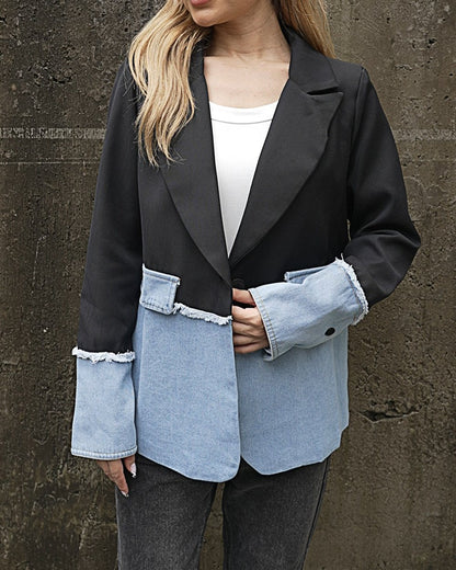 Women's Fashionable Denim Patchwork Blazer Black and denim