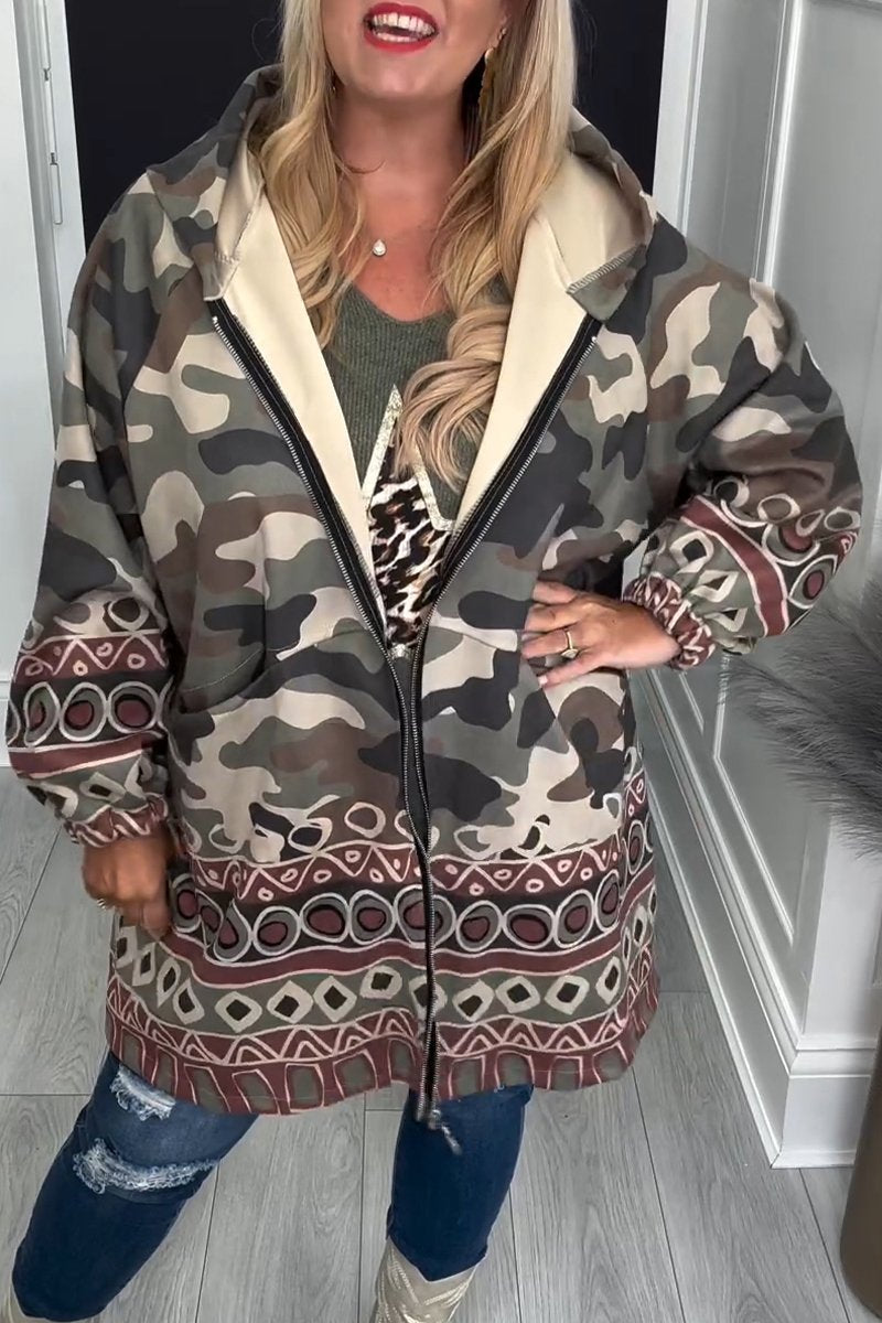 Women's Hooded Long Sleeve Camouflage Printed Casual Jacket green