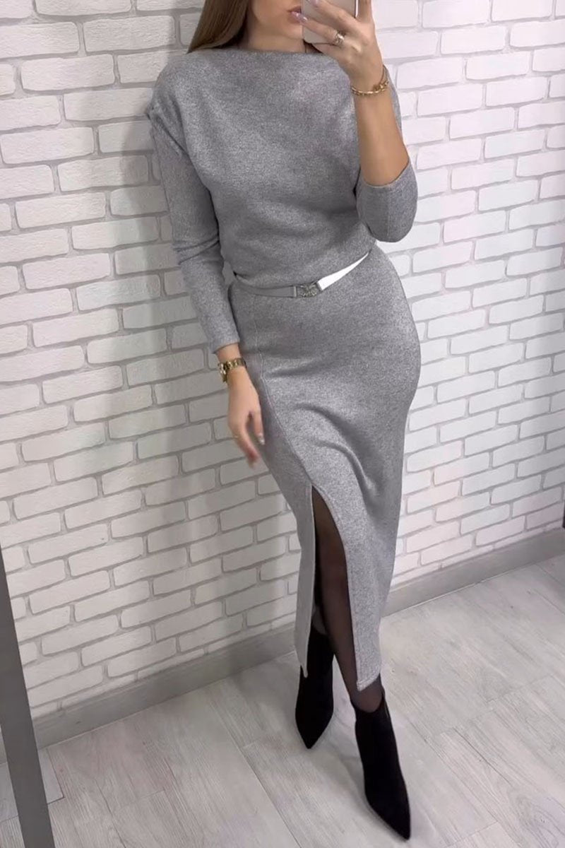 Women's Crew Neck Top and Slit Skirt Two-piece Set