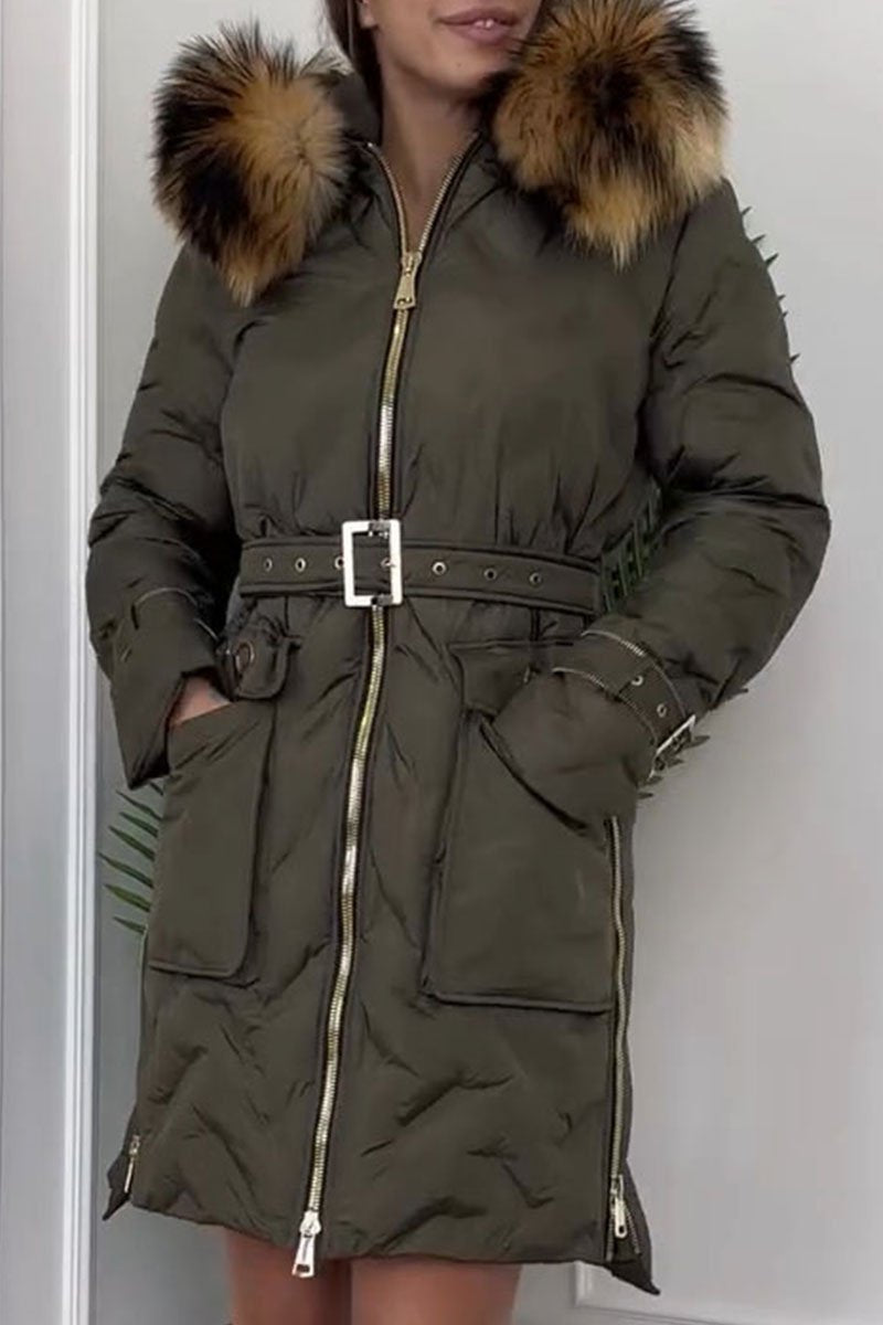 Women's Fur Collar Waist Long Coat green