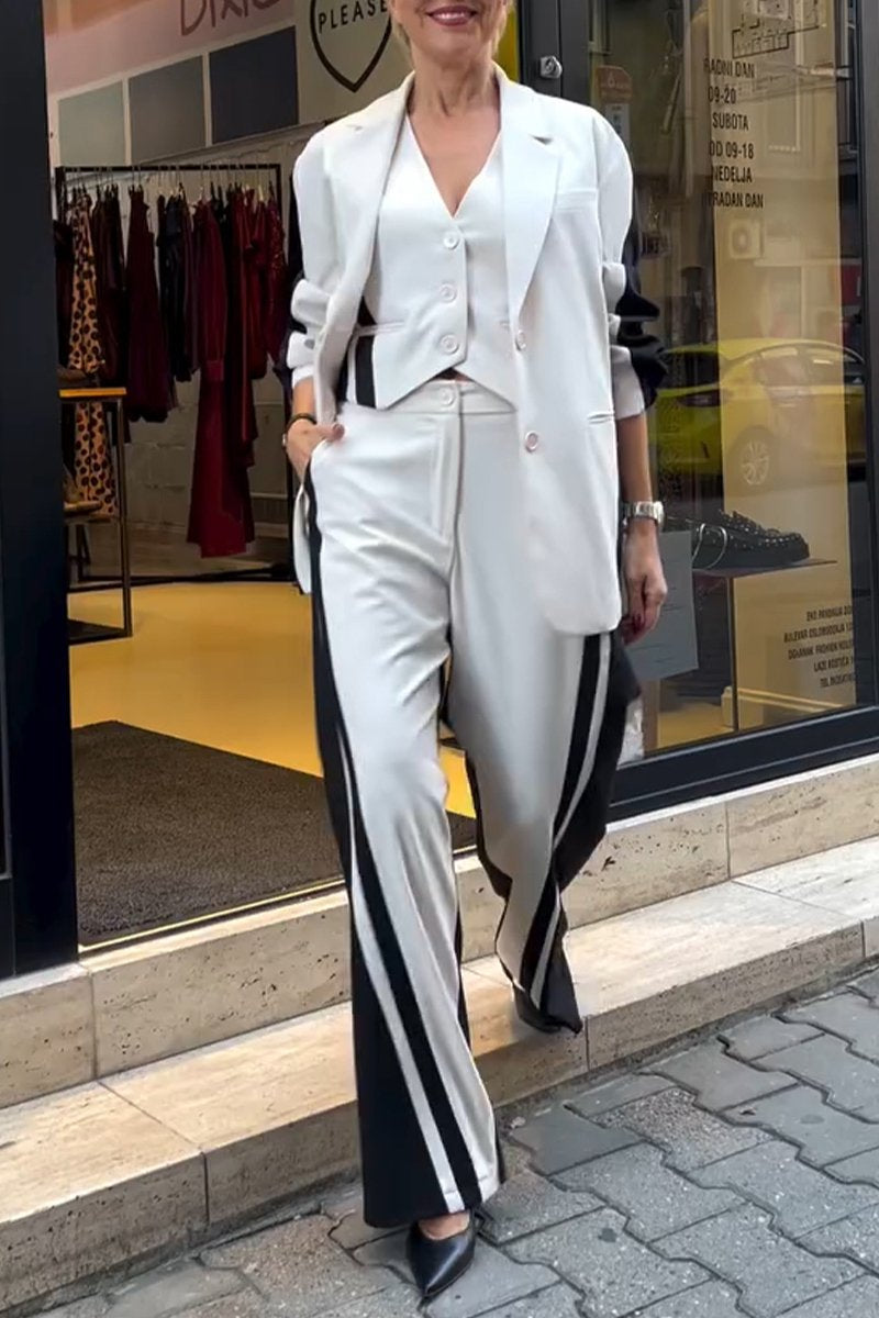 Women's Lapel Long-sleeved Striped Contrasting Suit Casual 3-piece Suit white