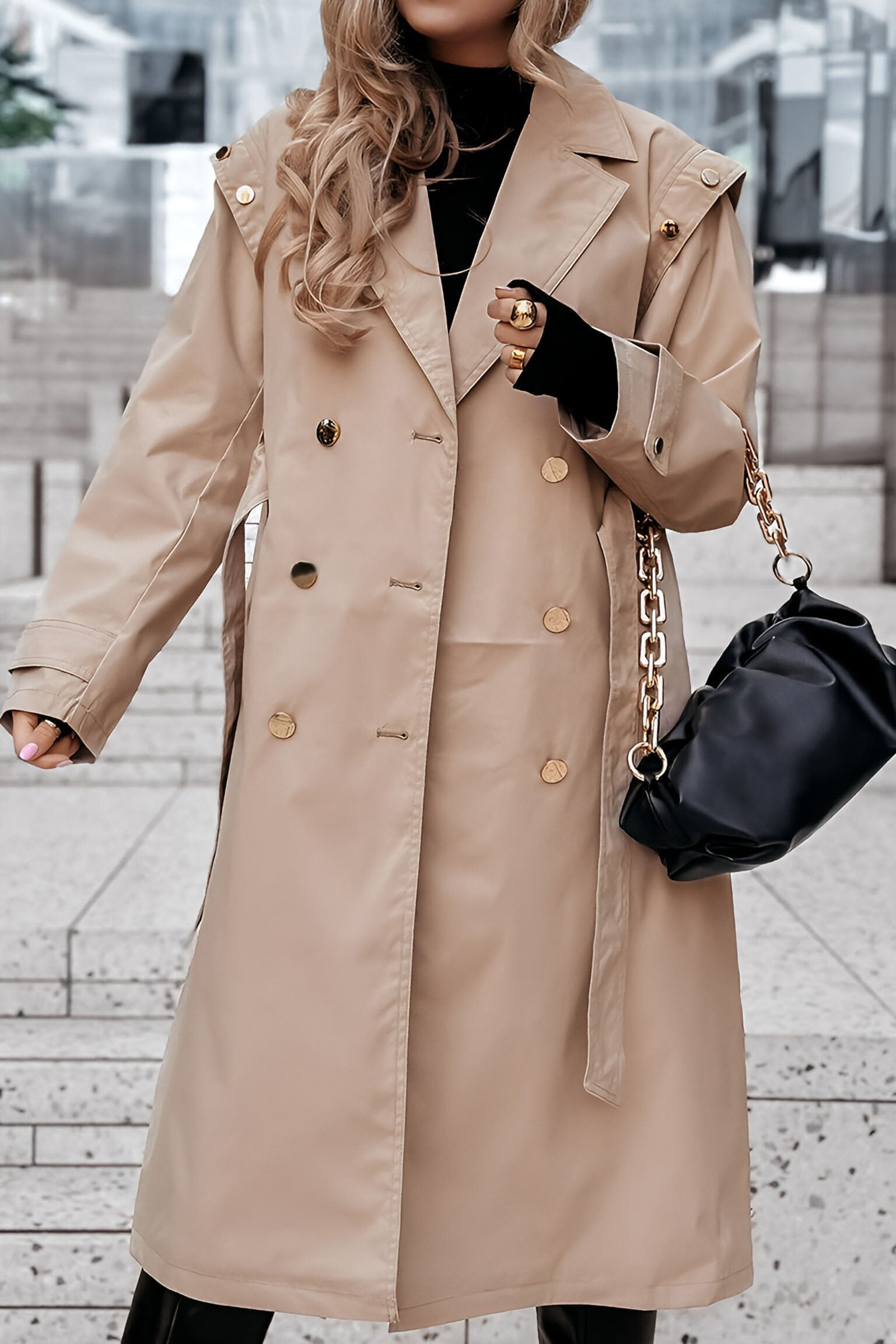 Women's Lapel Long Sleeve Button Coat khaki