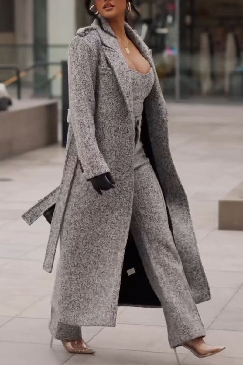 Women's Solid Color Lapel Long Coat grey