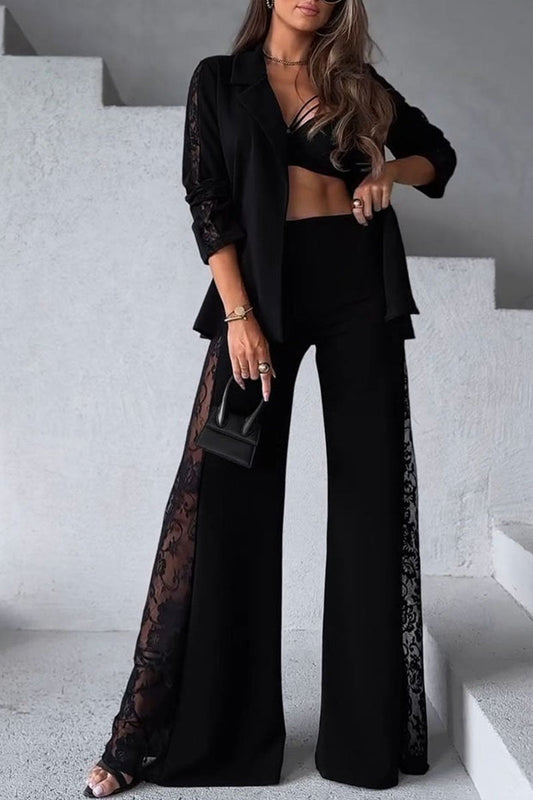 Women's Hollow Lace Top and Trousers Set black