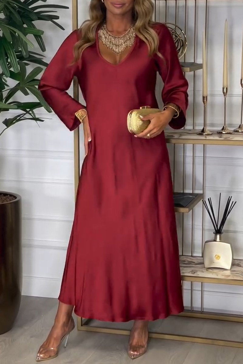 Women's V-neck Long-sleeved Satin Dress