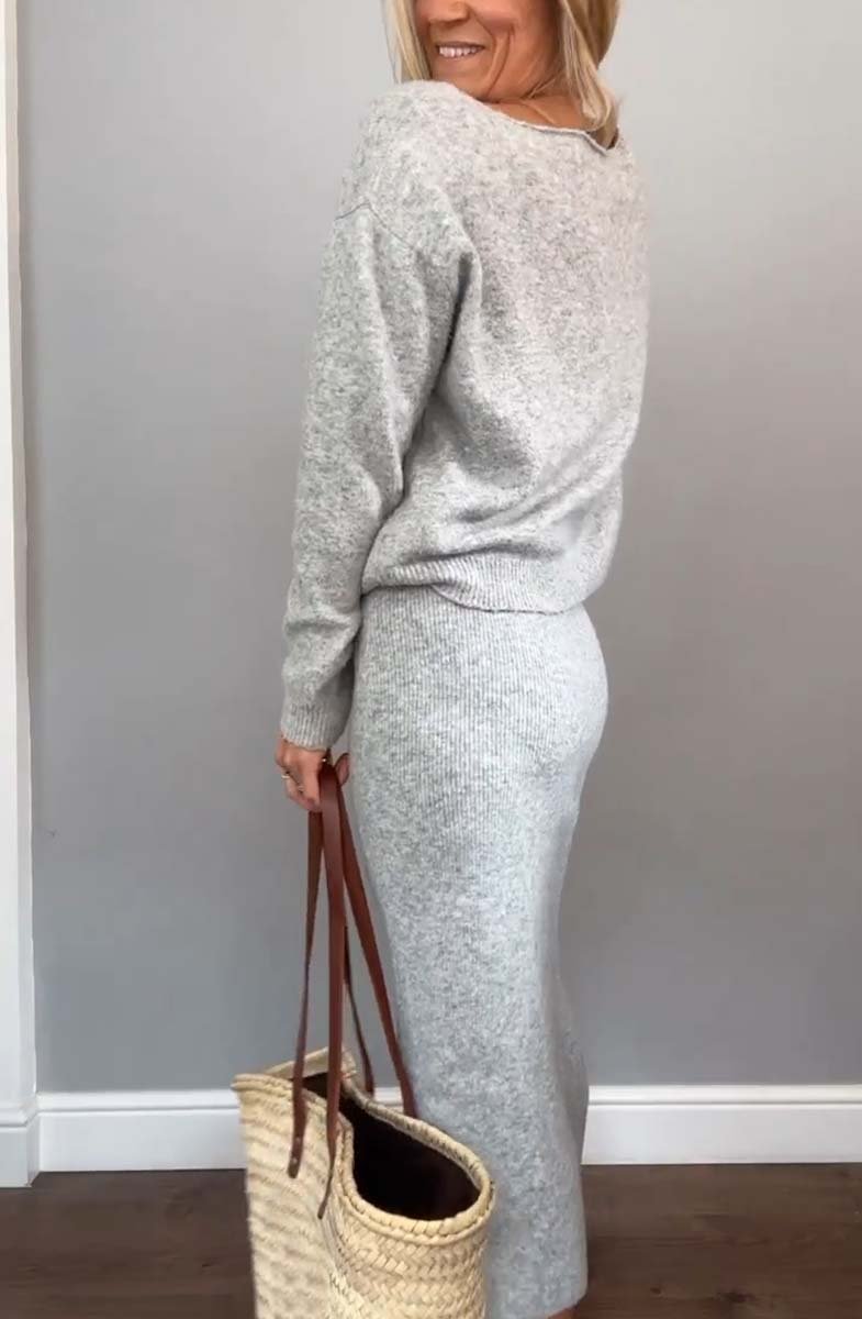 Women's casual solid color knitted crew neck sweater suit