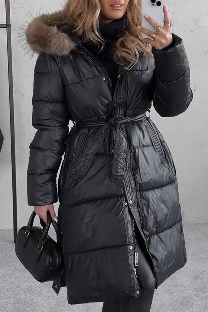 Women's Hooded Fur Collar Long Coat black