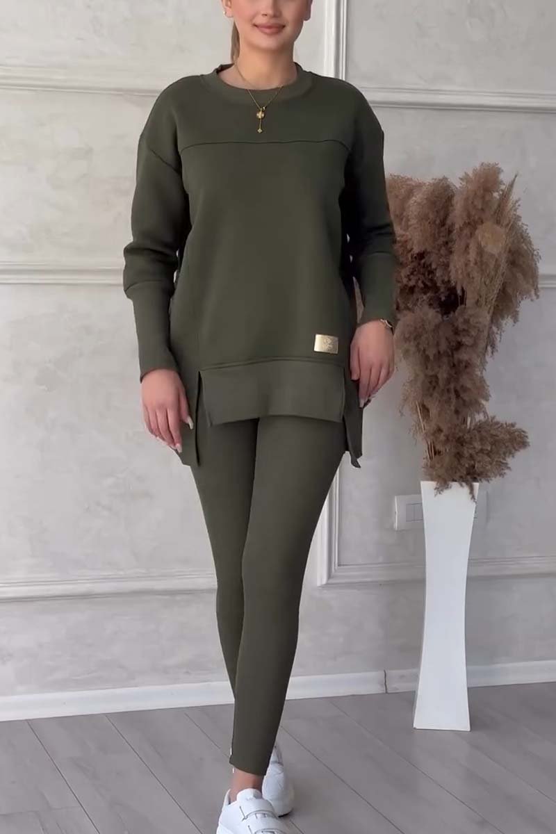 Women's Casual Solid Color Round Neck Long Sleeve Slit Hem Sweatshirt Leggings Set Dark Green