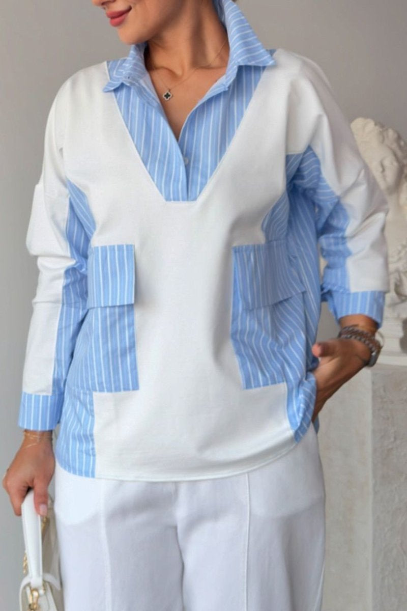 Women's Casual Striped Patchwork Pocket Blouse White