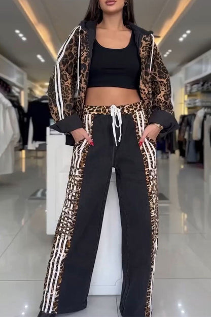 Women's Leopard Print Long Sleeve Hoodies Two Piece Set