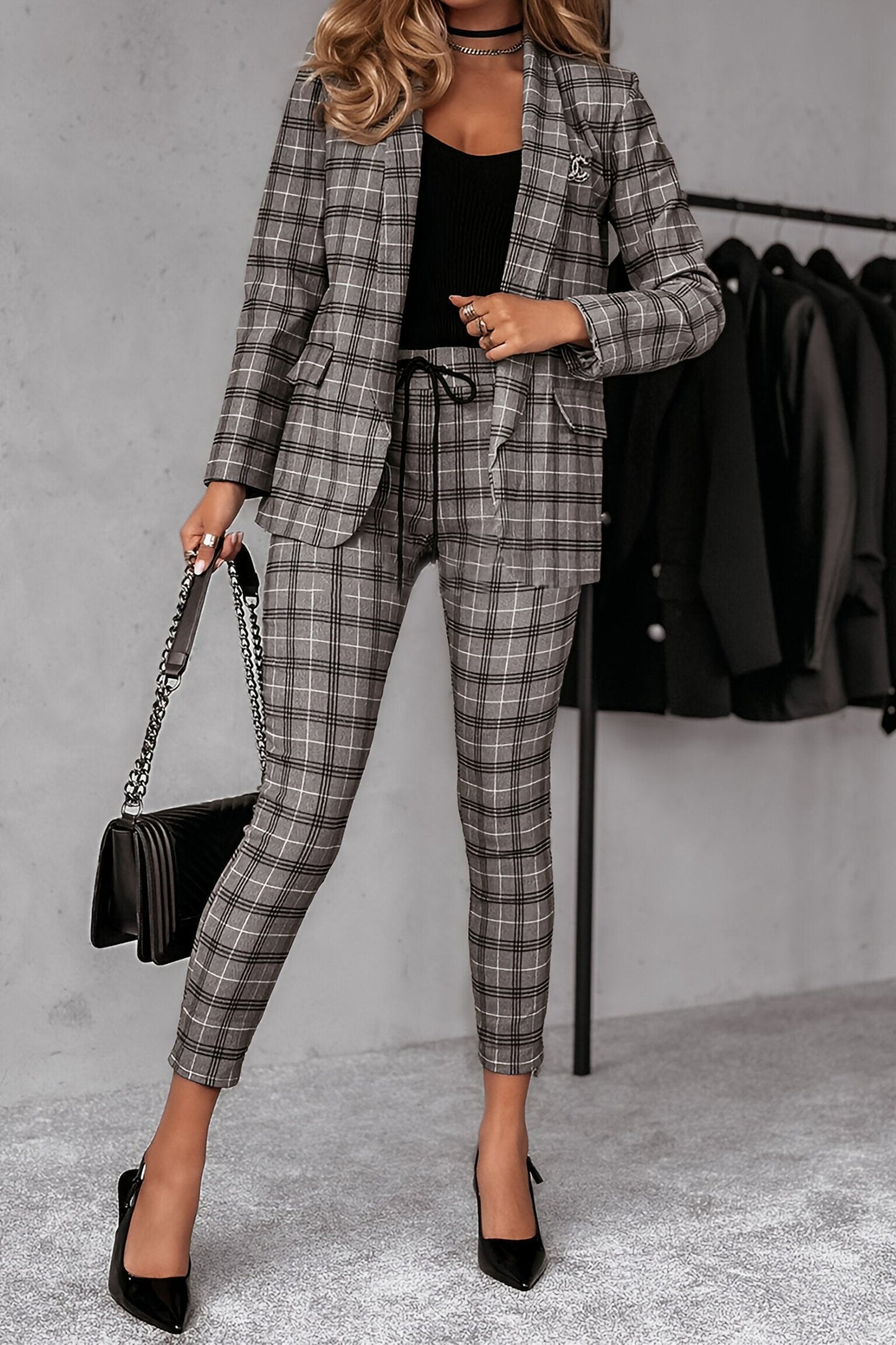 Women's Plaid Long Sleeve Blazers Suit