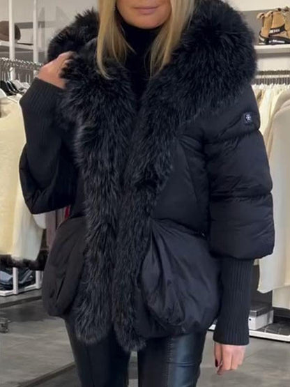 Women's Solid Color Hooded Fur Collar Coat black