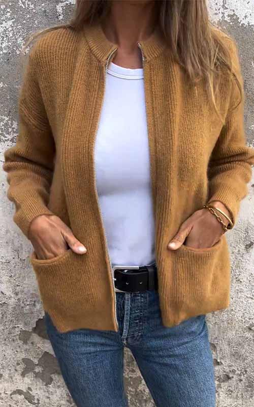 Women's Round Neck Zipper Knitted Jacket brown