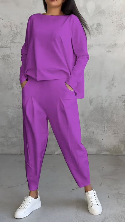 Casual Round Neck Long Sleeve Two Piece Suit purple