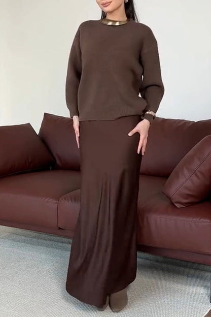 Women's Round Neck Long Sleeve Sweater Skirt Two Piece Suit