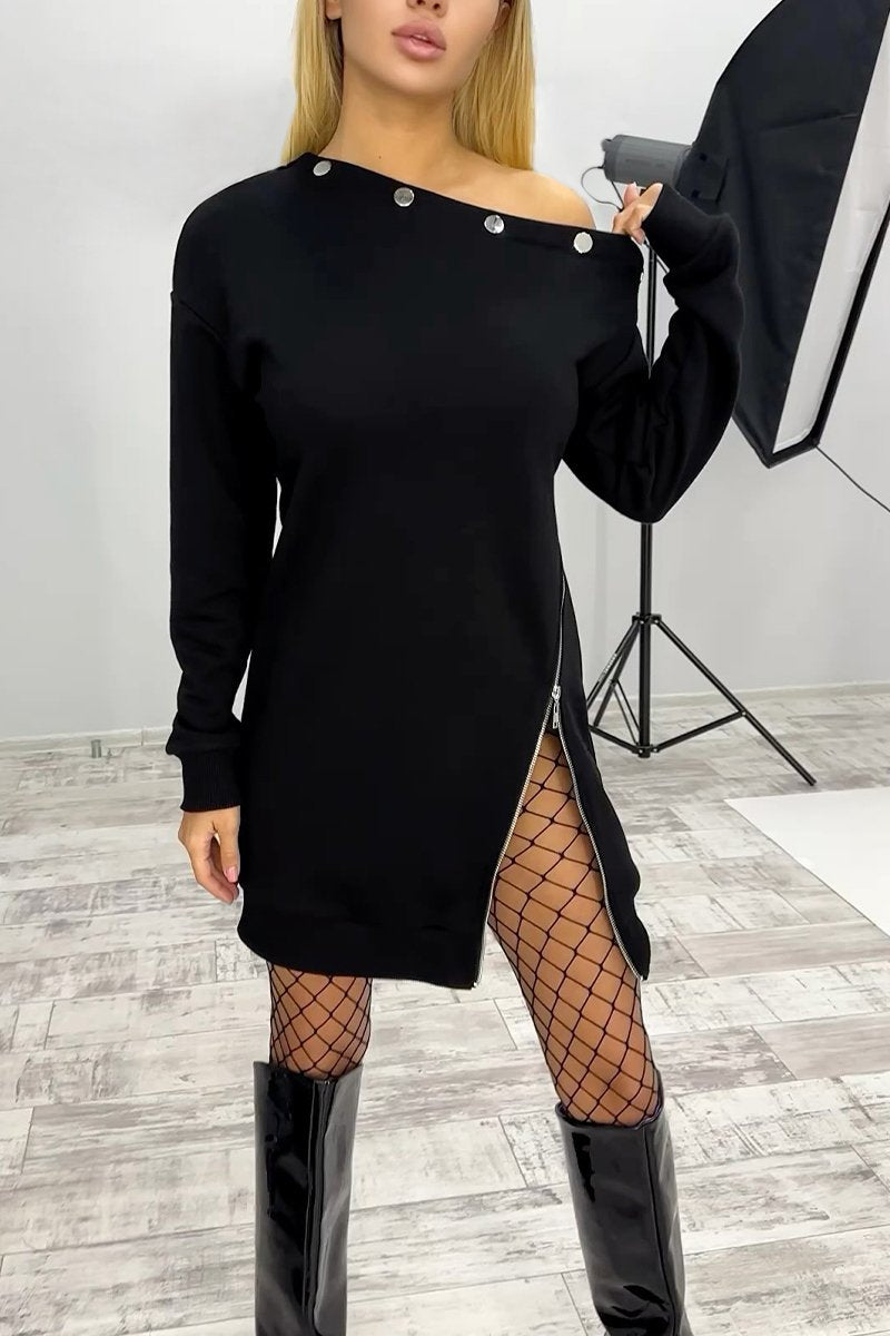 Women's Casual Oblique Collar Side Zipper Sweater Dress black