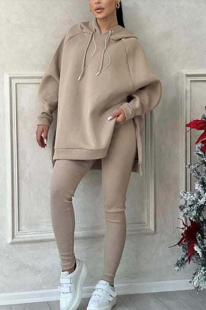 Women's casual solid color slit hem hooded sweatshirt sports suit