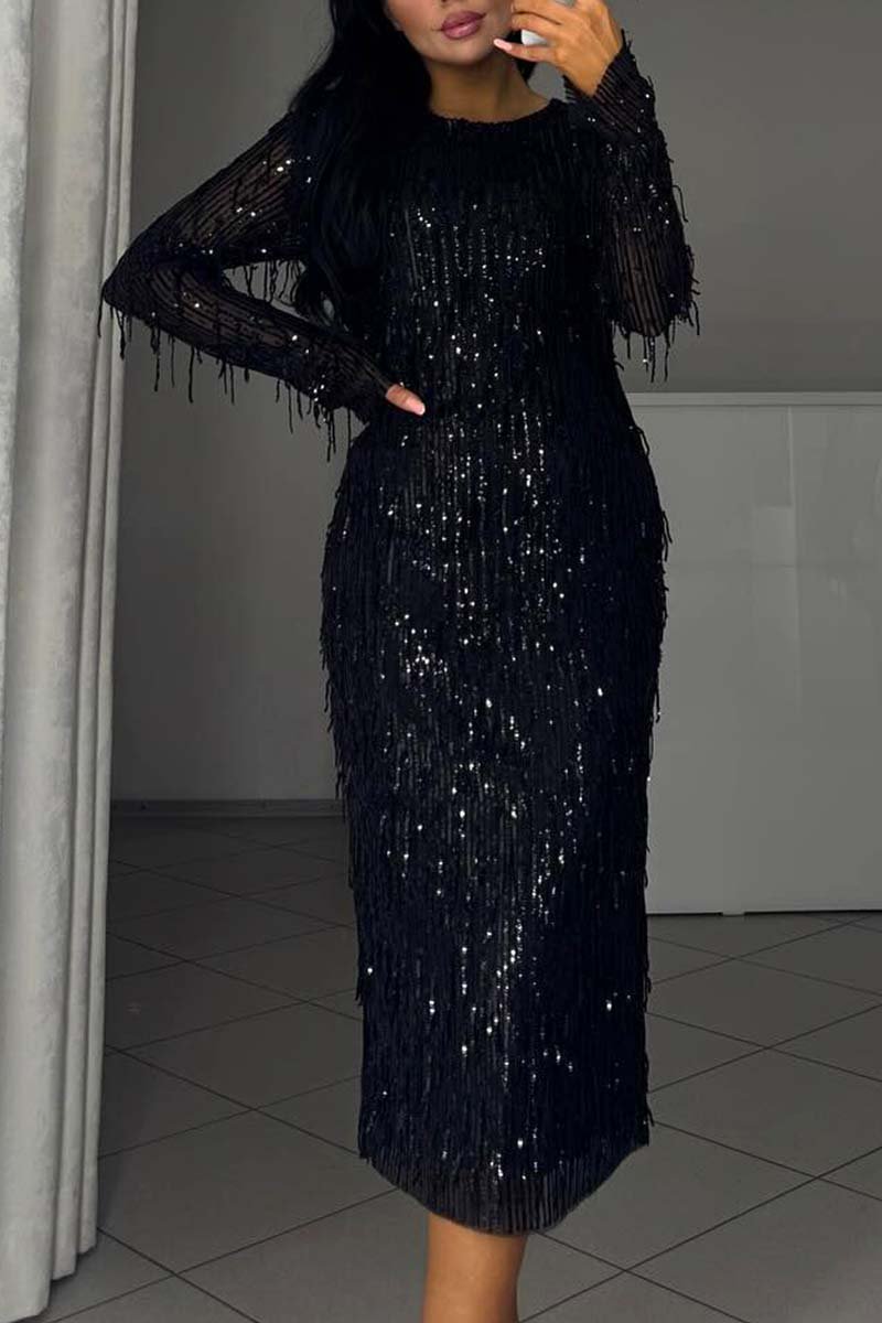 Women's Fashion Sequin Tassel Dress Black