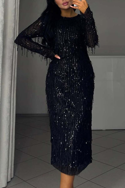 Women's Fashion Sequin Tassel Dress Black