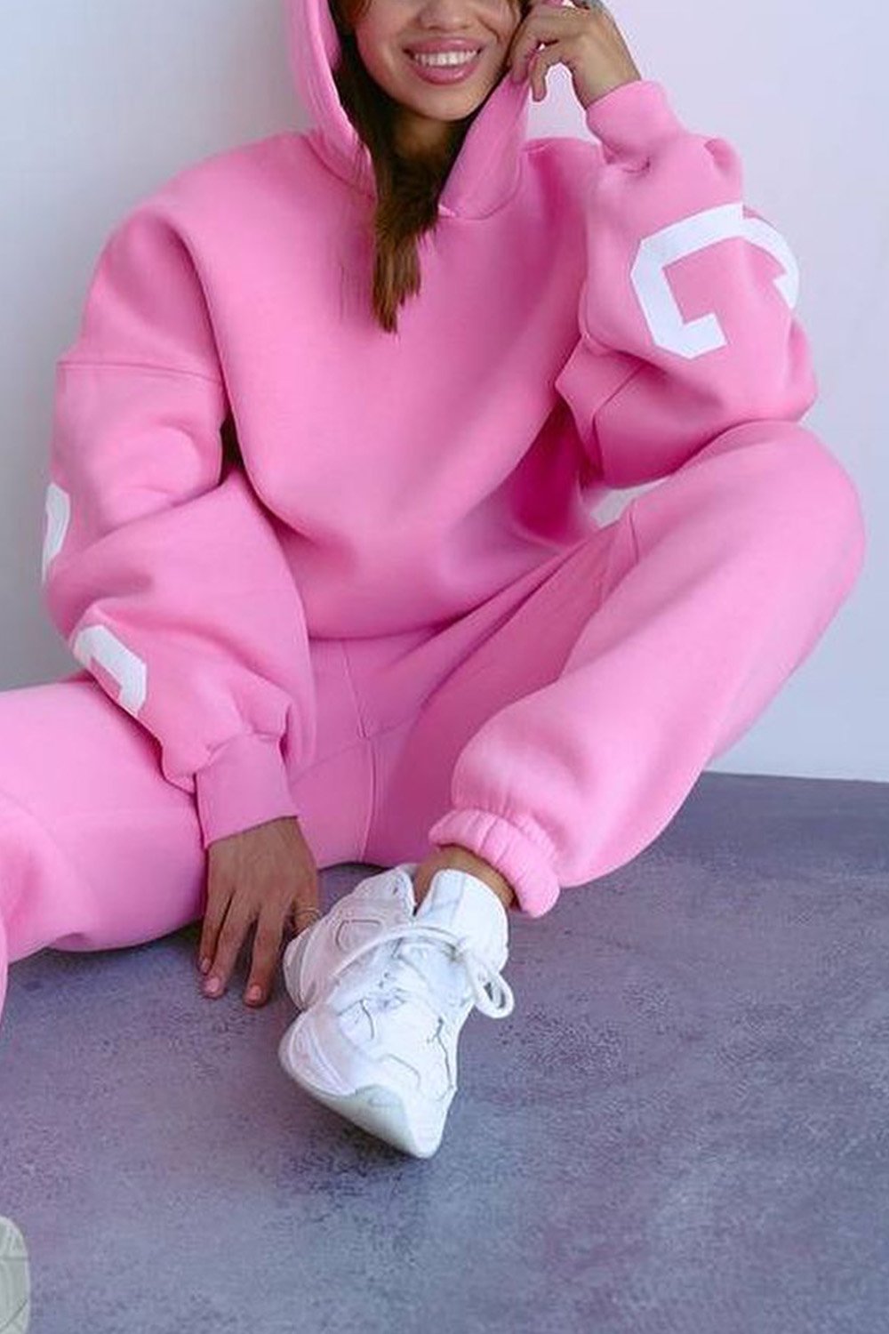 Women's Printed Thickened Hooded Sweatshirt and Pants Two-piece Set Pink