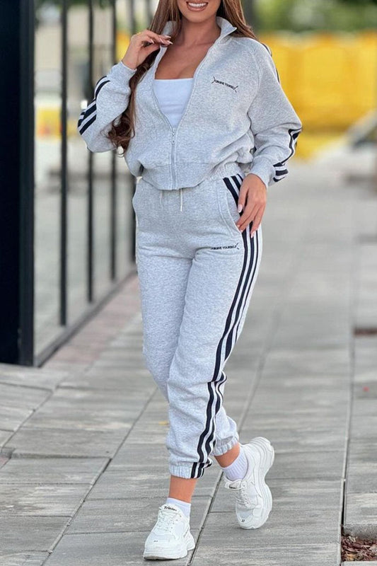 Women's Lapel Long Sleeve Casual Sweatshirt Suit gray