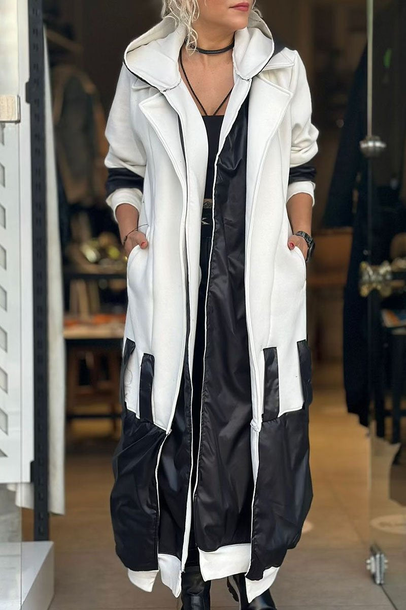 Women's Hooded Long-sleeved Patchwork Trench Coat white