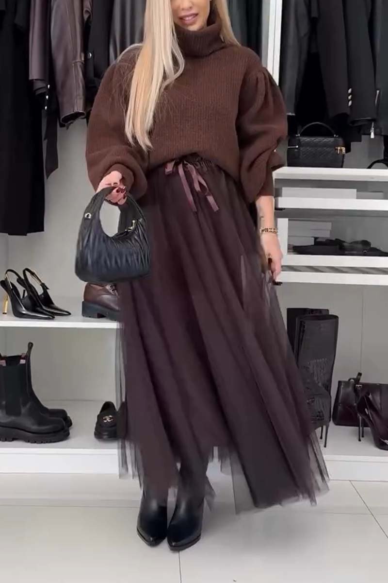 Women's casual solid color top and gauze skirt set Brown