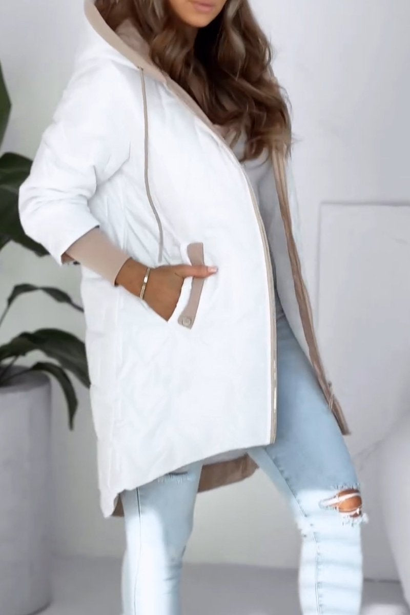 Women's Winter Solid Color Hooded Zipper Coat white