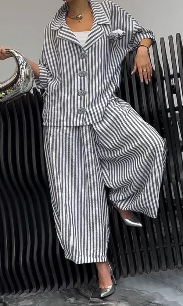 Women's Comfortable Striped Top And Pants Two-Piece Set Black