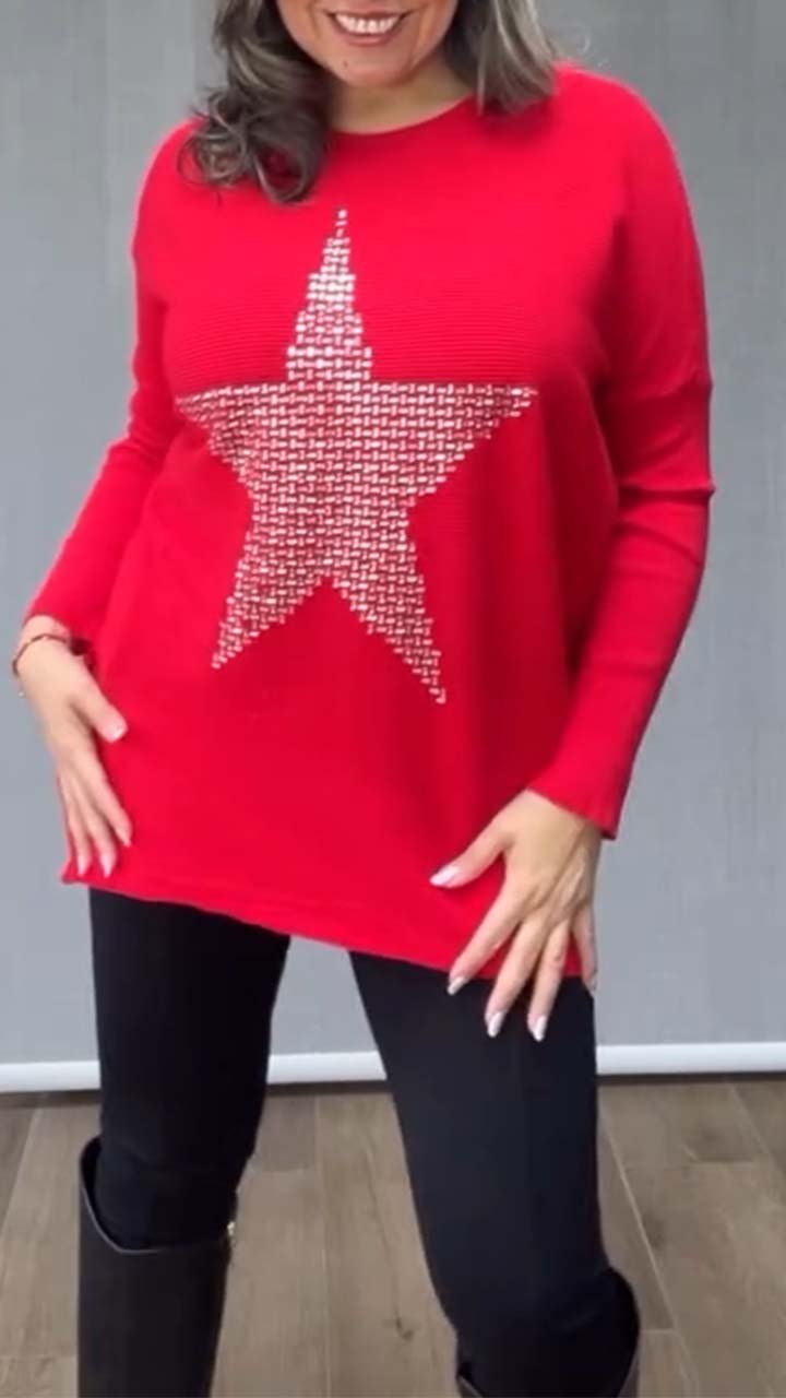 Women's Casual Five-pointed Star Silver Printed Pullover Long-sleeved Sweater red