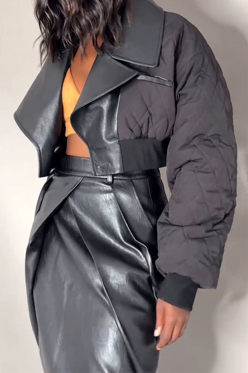 Women's Lapel Leather Jacket and Skirt Two-piece Set