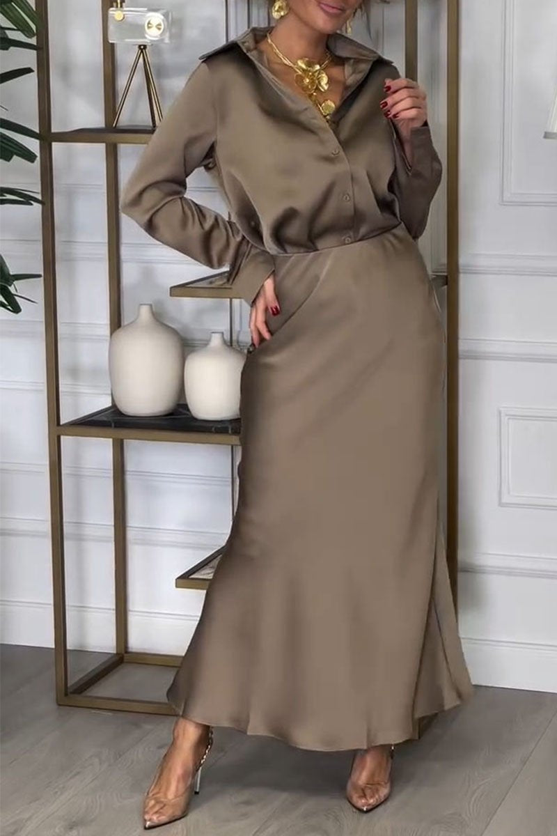 Women's Lapel Shirt and Skirt Set khaki