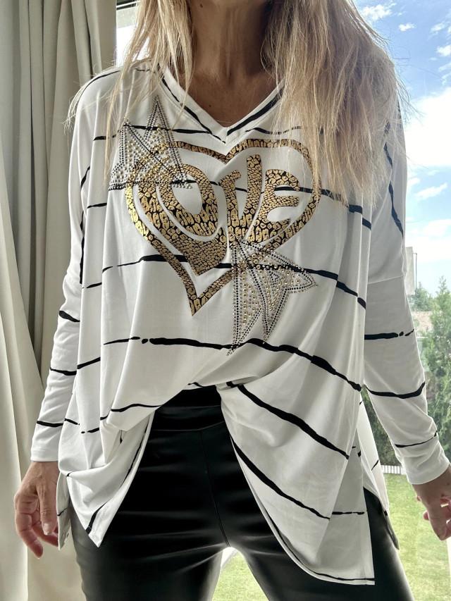 Women's Casual Heart Print Striped Long Sleeve Top white