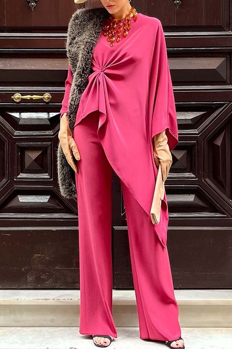 Women's Elegant Irregular Design Satin Two-Piece Set Rose Red