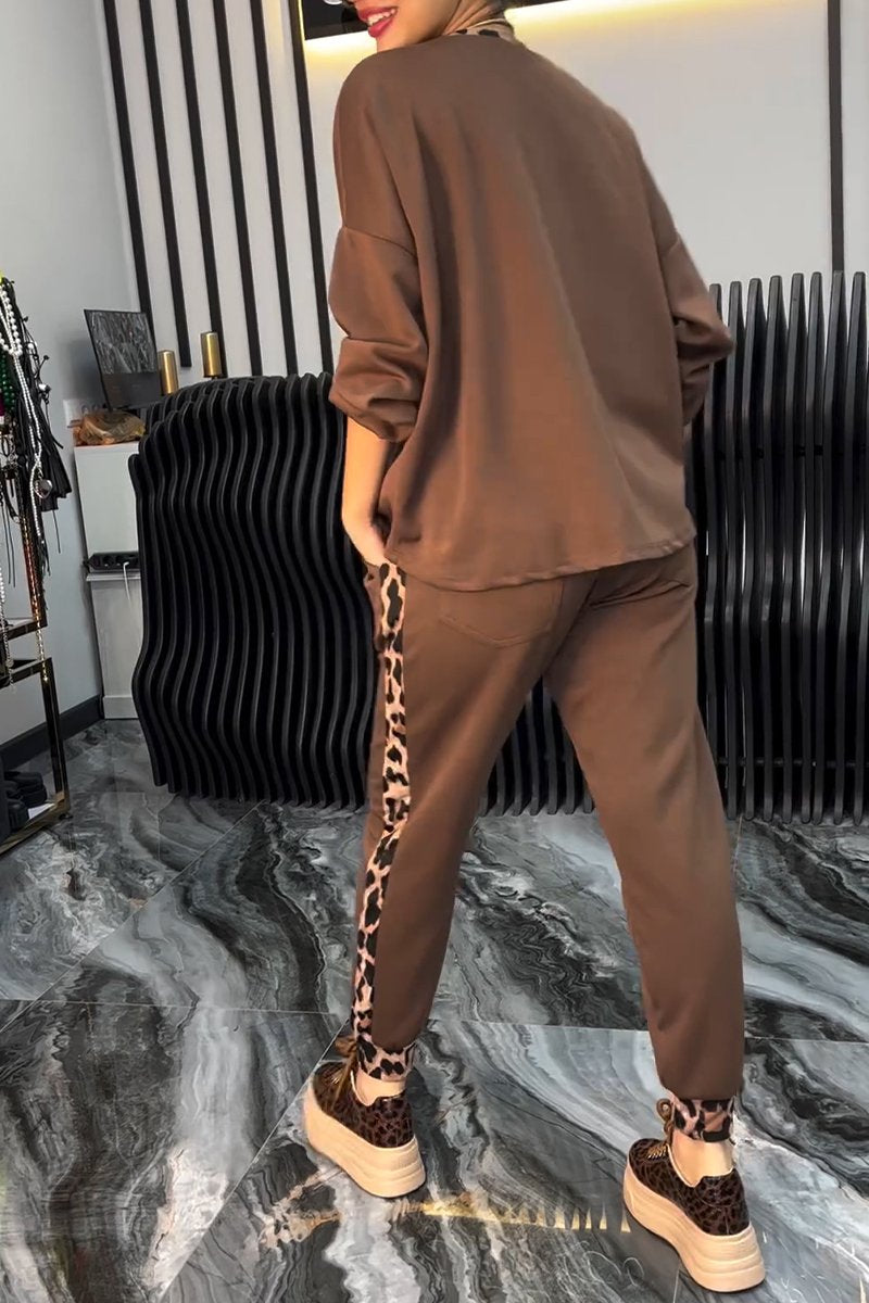 Women's V-neck Long-sleeved Leopard Print Casual Suit