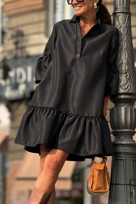 Women's Casual Ruffle Short Shirt Dress Black