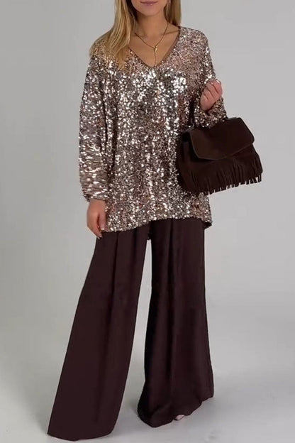 Women's V-neck Sequined Top and Trousers Set sequined