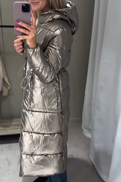 Women's Metallic Silver Hooded Long Coat