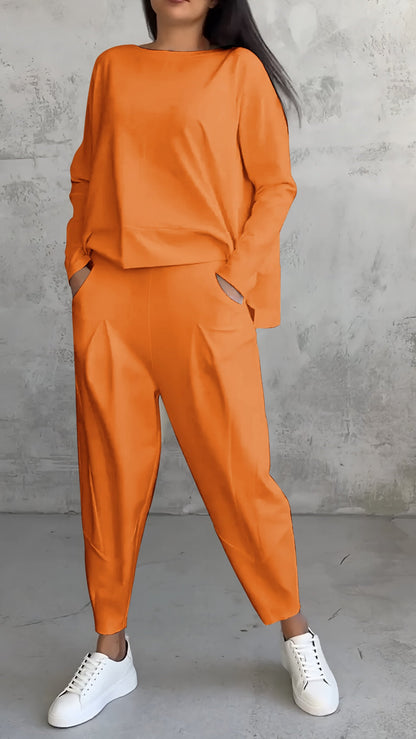 Casual Round Neck Long Sleeve Two Piece Suit orange