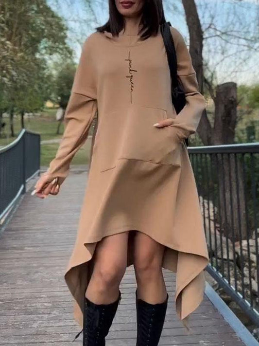 Women's Long Sleeve Hooded Irregular Hem Dress khaki