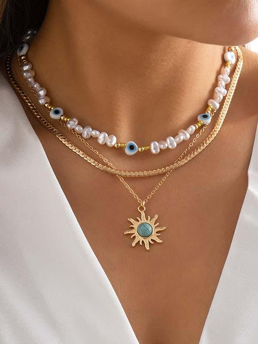 Retro contrasting color personalized eye pearl sun turquoise pendant necklace Gold one-size