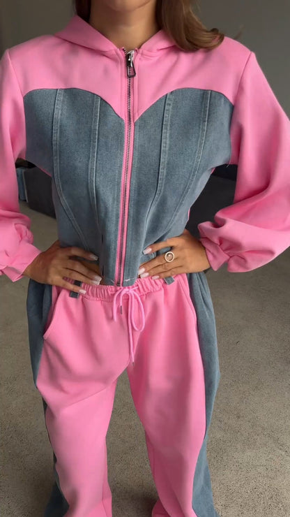 Women's Hooded Denim Patchwork Sweatshirt Two-piece Set pink