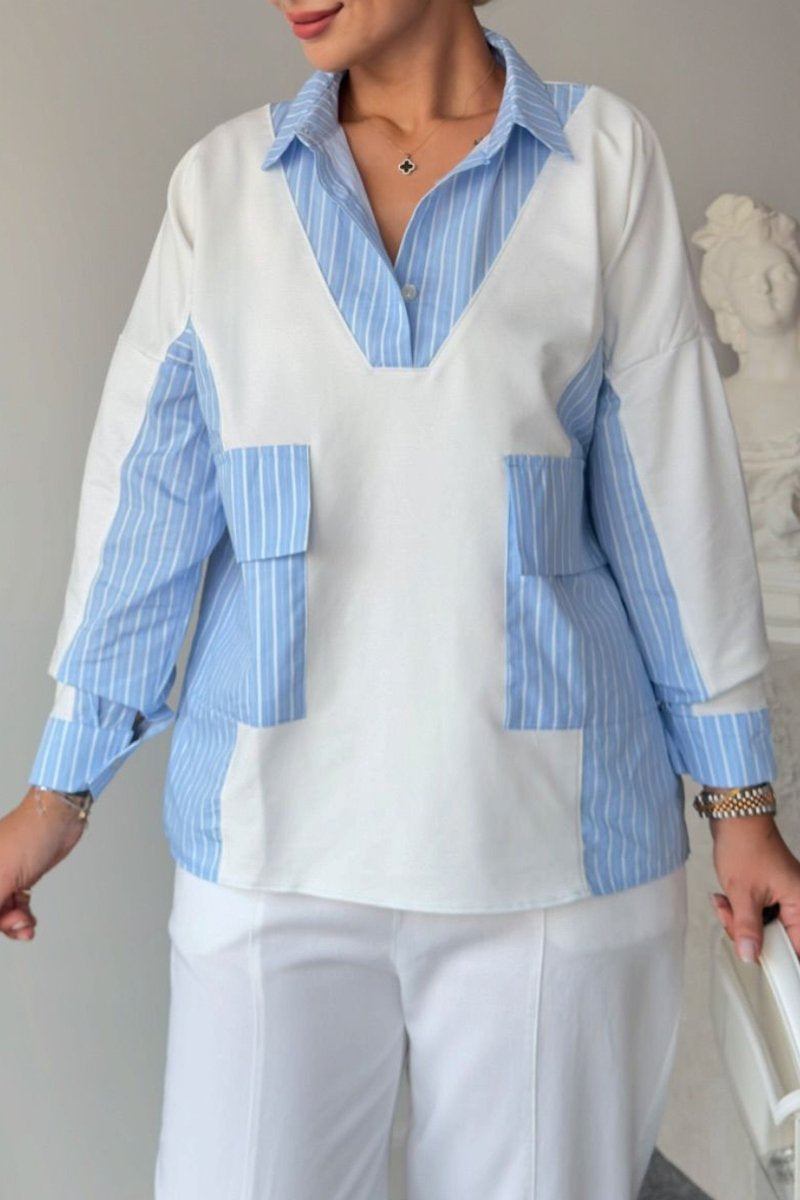 Women's Casual Striped Patchwork Pocket Blouse