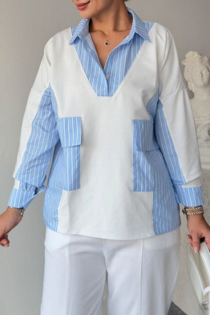 Women's Casual Striped Patchwork Pocket Blouse