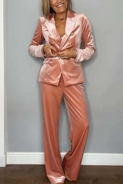 Women's Fashion Double Breasted Velvet Two Piece Suit Pink