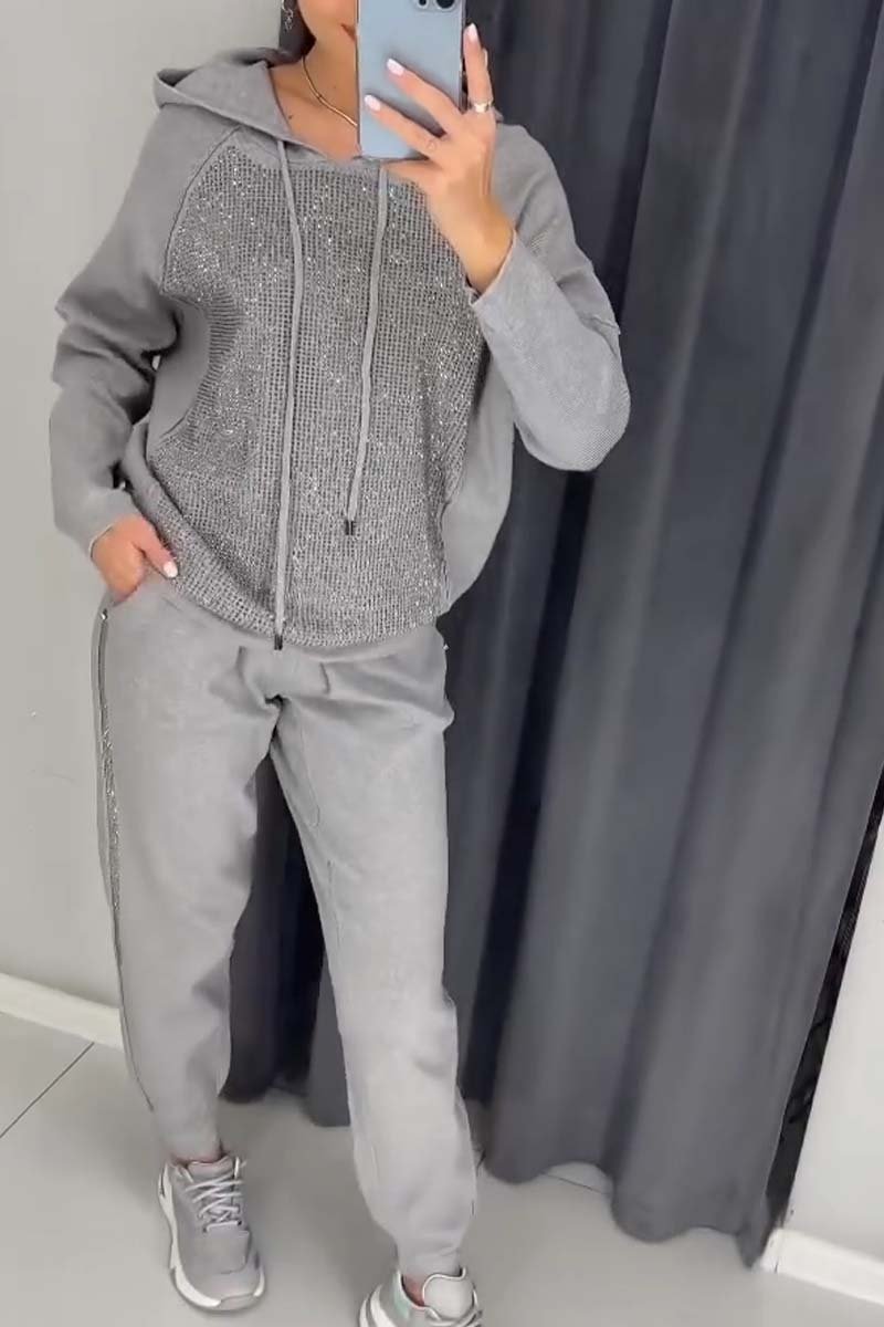 Women's casual diamond embellished hooded track suit Gray